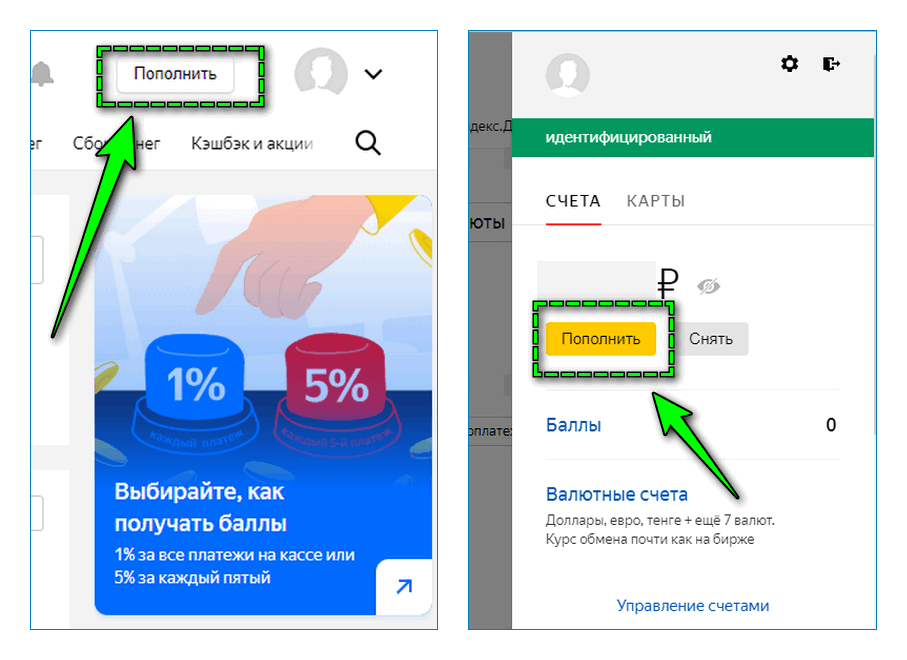 Расположение ссылки Пополнить в Яндекс Деньгах